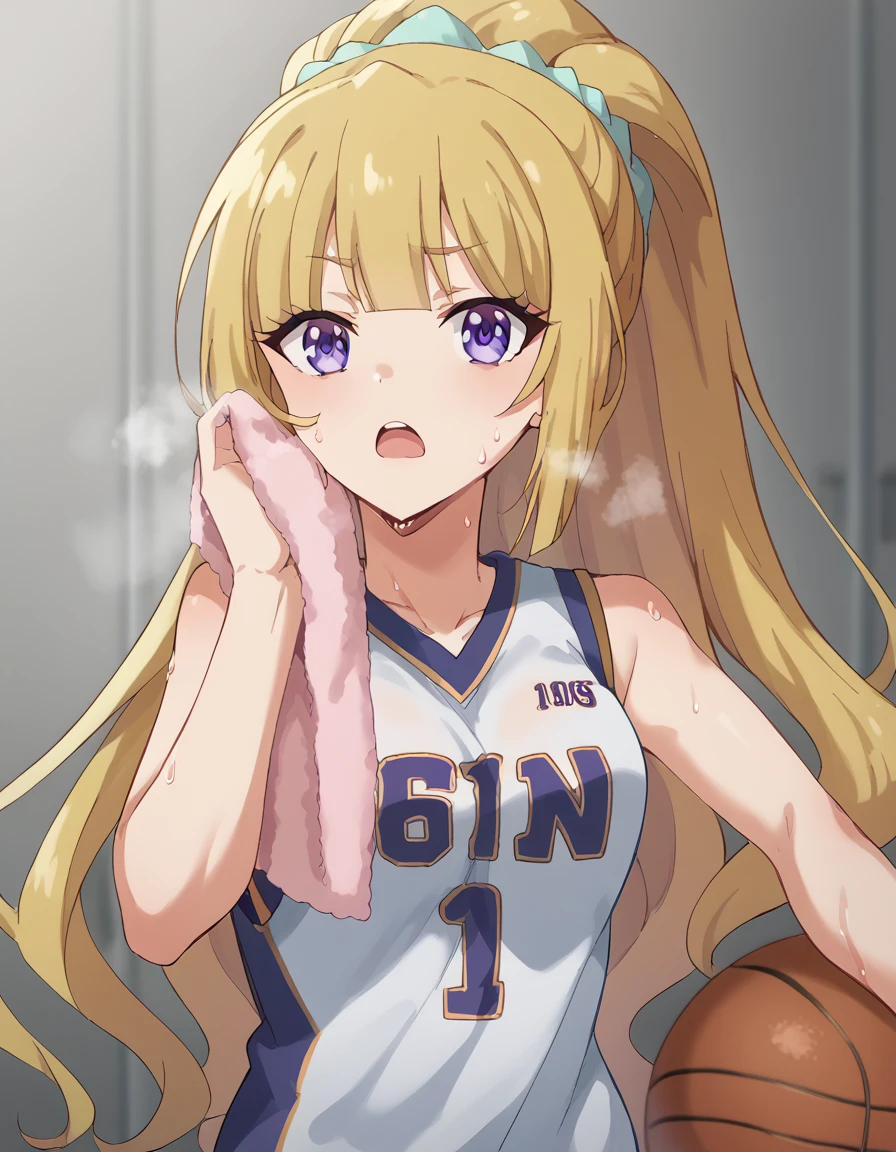 score_9, score_8_up, score_7_up, source_anime, <lora:kei-karuizawa-anime-s2-ponyxl-lora-nochekaiser:1>, kei karuizawa, long hair, bangs, blunt bangs, purple eyes, blonde hair, hair ornament, ponytail, scrunchie, blue scrunchie, medium breasts,, <lora:basketball-uniform-ponyxl-lora-nochekaiser:1> basketball uniform, basketball jersery, sportswear, jersey, shorts, sleeveless,, audience, gym, sweat, open mouth, steam, <lora:wiping-towel-ponyxl-lora-nochekaiser:1> wiping sweat, towel, holding, sweat, holding towel, looking at viewer, open mouth,, cowboy shot,