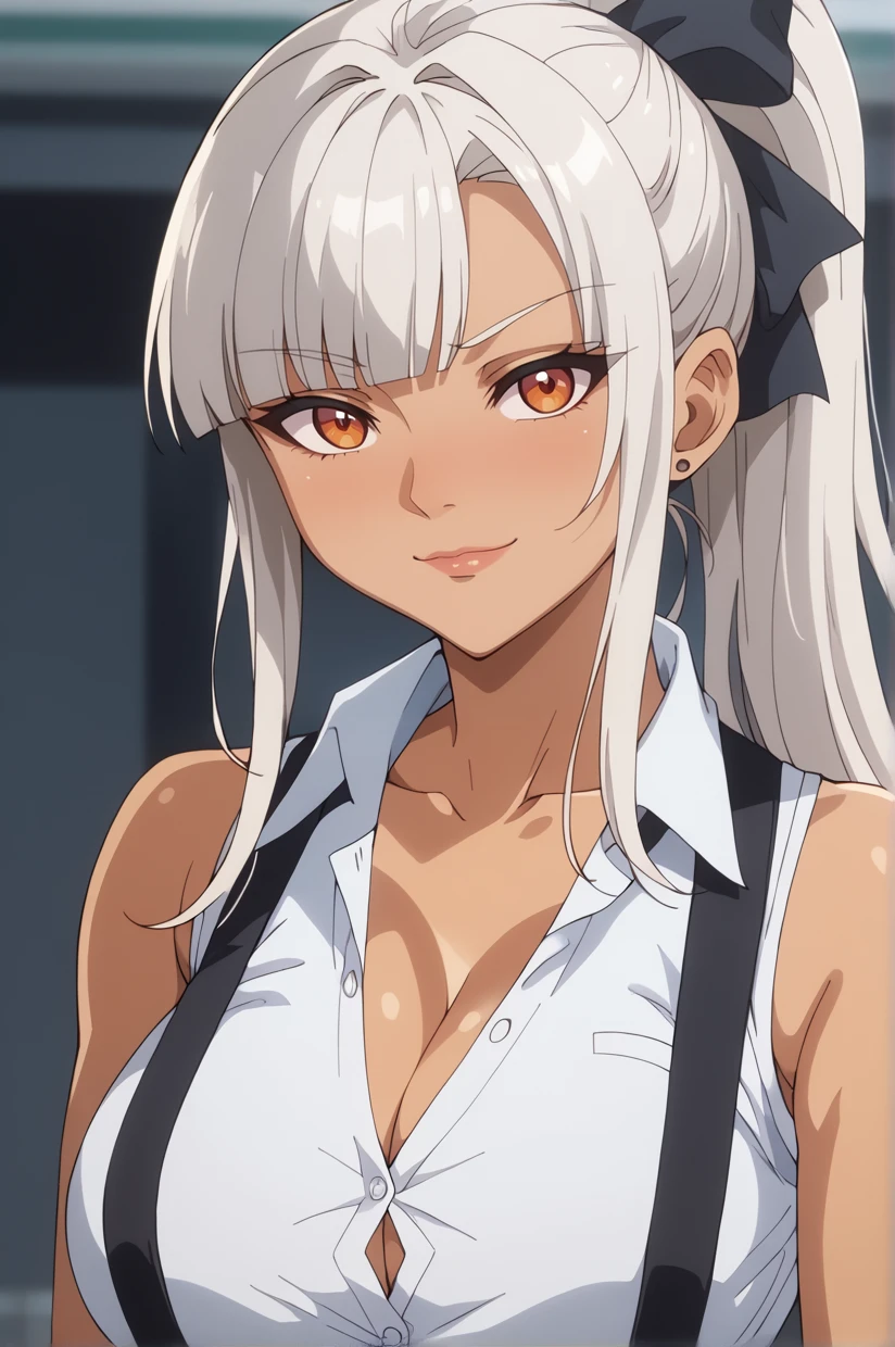 <lora:StyleAnimationTatsumi01NSLT:1> smirk, smooth shading BREAK, 8k, masterpiece, absurdes, highly detailed, highres, high quality, best quality, score_9, score_8_up, score_7_up, score_6_up, 1girl, borrowed character, dark-skinned female, orange eyes, large breasts, single sidelock, long hair, asymmetrical bangs, blunt bangs,  high ponytail, white hair, black ribbon, hair ribbon, stud earrings, cleavage, collarbone, collared white sleeveless unbuttoned shirt, bare shoulders, bare arms, black suspenders over white shirt, black pants, looking at viewer, portrait, upper body, close-up, bust, solo, solo focus, depth of field