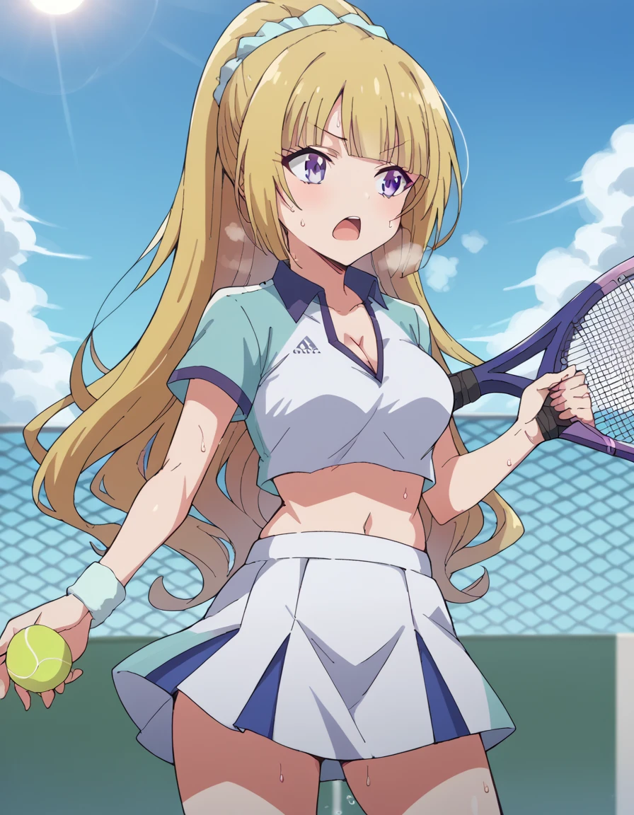 score_9, score_8_up, score_7_up, source_anime, <lora:kei-karuizawa-anime-s2-ponyxl-lora-nochekaiser:1>, kei karuizawa, long hair, bangs, blunt bangs, purple eyes, blonde hair, hair ornament, ponytail, scrunchie, blue scrunchie, medium breasts,, <lora:tennis-uniform-ponyxl-lora-nochekaiser:1> tennis uniform, tennis racket, racket, tennis ball, sportswear, tennis, tennis court, holding racket, two-tone skirt, tennis net, two-tone shirt, tennis skirt, teniis dress, crop top overhang, holding tennis racket, ball,, open mouth, sweat, steam, blue sky, clouds, sun, cleavage, navel, cowboy shot,