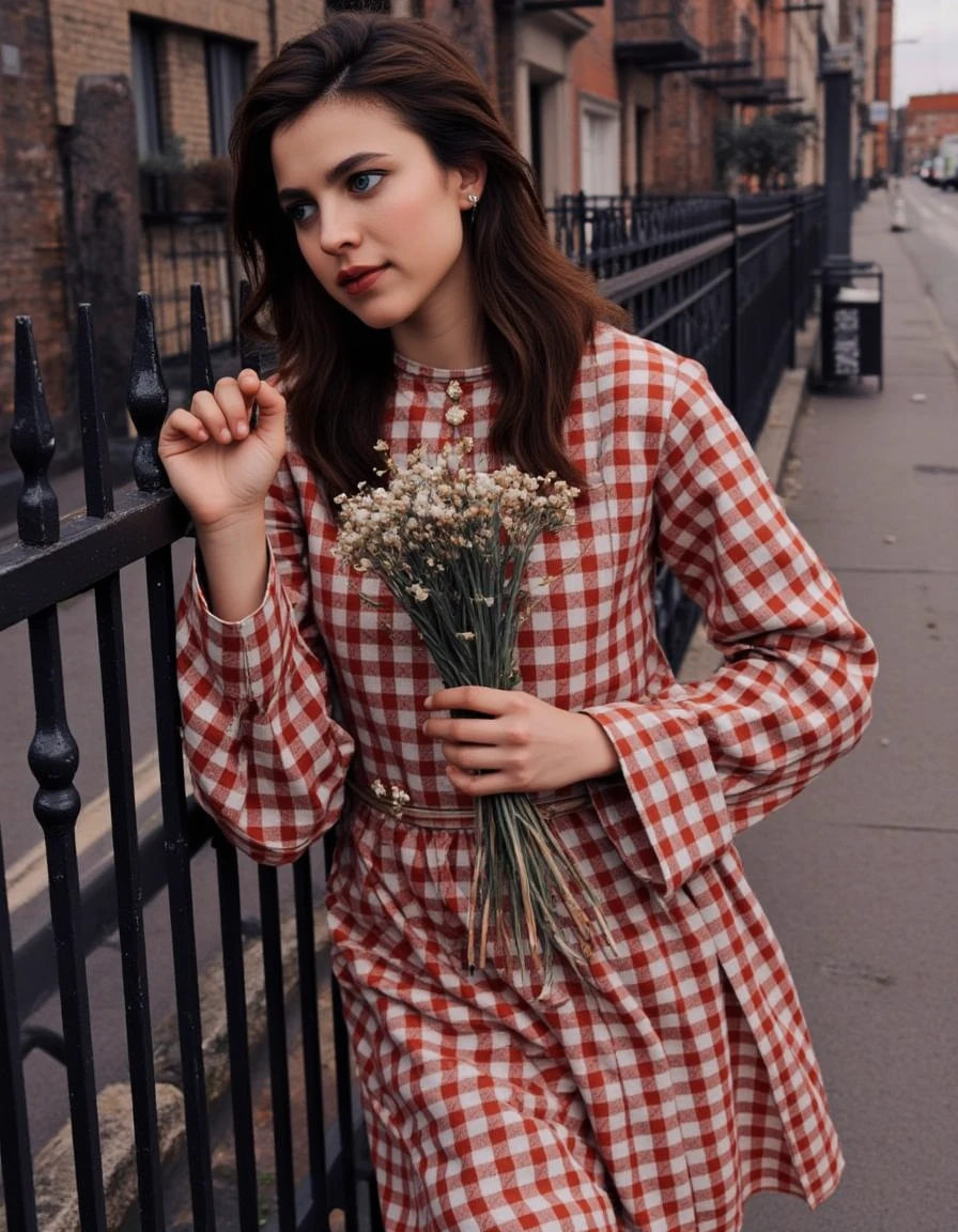 <lora:margaret-qualley:1> mquall3y, woman, Leaning against a wrought-iron fence, she holds a bouquet of wildflowers, radiating natural charm, From a high-angle vantage point, looking downwards, <lora:Eldritch_Photography_for_Flux_1.2.3:0.8> Photography