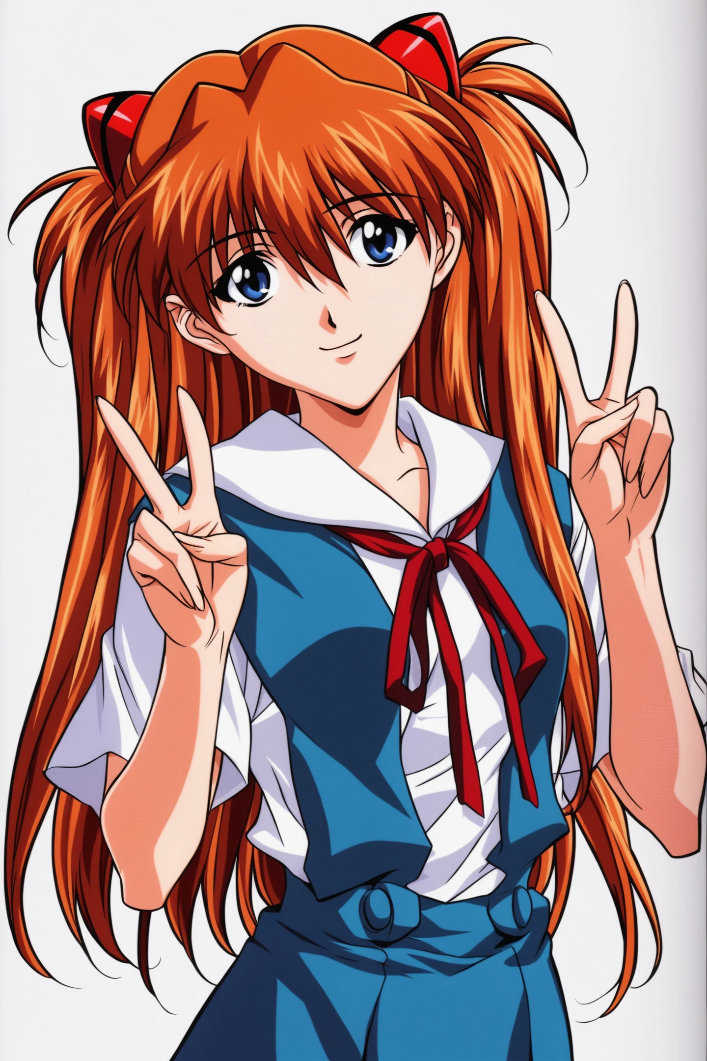 1girl,souryuu asuka langley,solo,long hair,school uniform,blue eyes,smile,white background,ribbon,shirt,simple background,v,orange hair,short sleeves,skirt,red ribbon,neck ribbon,white shirt,bangs,hair between eyes,looking at viewer,tokyo-3 middle school uniform,closed mouth,two side up,hair ornament,suspender skirt,interface headset,suspenders,cowboy shot,blue skirt,
<lora:Keiji Gotoh_illustriousXL:0.8>,