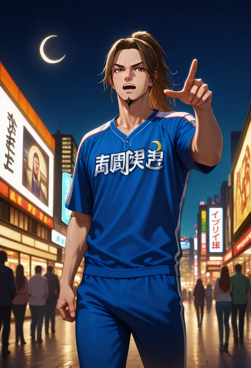 masterpiece, best quality, intricate details, (photorealistic:0.6), , , 1boy, solo, male focus, <lora:li_mu_ilxl:1>, li_mu, aged down, brown hair, brown eyes, long hair, ponytail, facial hair, goatee, focused, times square, night, crescent moon, pointing, speaking, talking, Azure Ruffled Rayon Corduroy pants, Baseball henley, , , andLapel flower