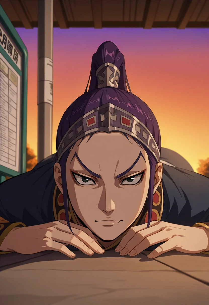 masterpiece, best quality, intricate details, , looking at viewer, , 1boy, solo, male focus, <lora:wang_ben_ilxl:0.98>, wang_ben, purple hair, black eyes, long hair, ponytail, straight-on, bus stop, dusk, lying, on stomach, skin fang, psycho costume