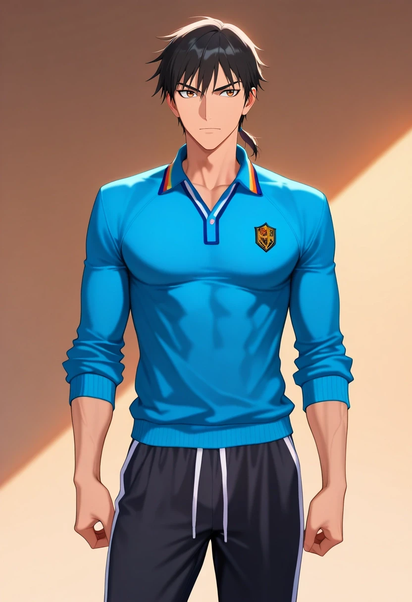 masterpiece, best quality, , , , , 1boy, solo, male focus, <lora:xin_kingdom_ilxl:0.9>, xin_kingdom, black hair, brown eyes, short hair, low ponytail, , , , Sweatpants, Polo sweater, Espadrilles, , and