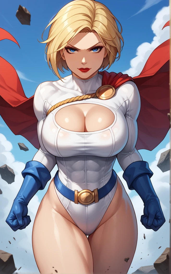 score_9, score_8_up, score_7_up, fighting stance, dynamic pose, action scene, cowboy shot, simple background, debris, depth of field, solo, looking at viewer,  <lora:PONYXL_DC_Powergirl_ownwaifu:0.9>, BREAK PONYXL_DC_Powergirl_ownwaifu, 1girl, blonde hair, blue eyes, large breasts, muscular female, short hair, superhero, toned, red lips, makeup, lipstick, blue gloves, bursting breasts, cleavage cutout, gold, highleg leotard, jewelry, loose belt, red belt, red cape, skin tight, white leotard, clothing cutout, thighs,  turtleneck, bangs, thick thighs, long sleeves, groin,<lora:Expressive_H:0.15> <lora:add-detail-xl:0.15>,  <lora:43stl1ght1ngXLP2:0.2>, 43stl1ght1ng, dramatic lighting,