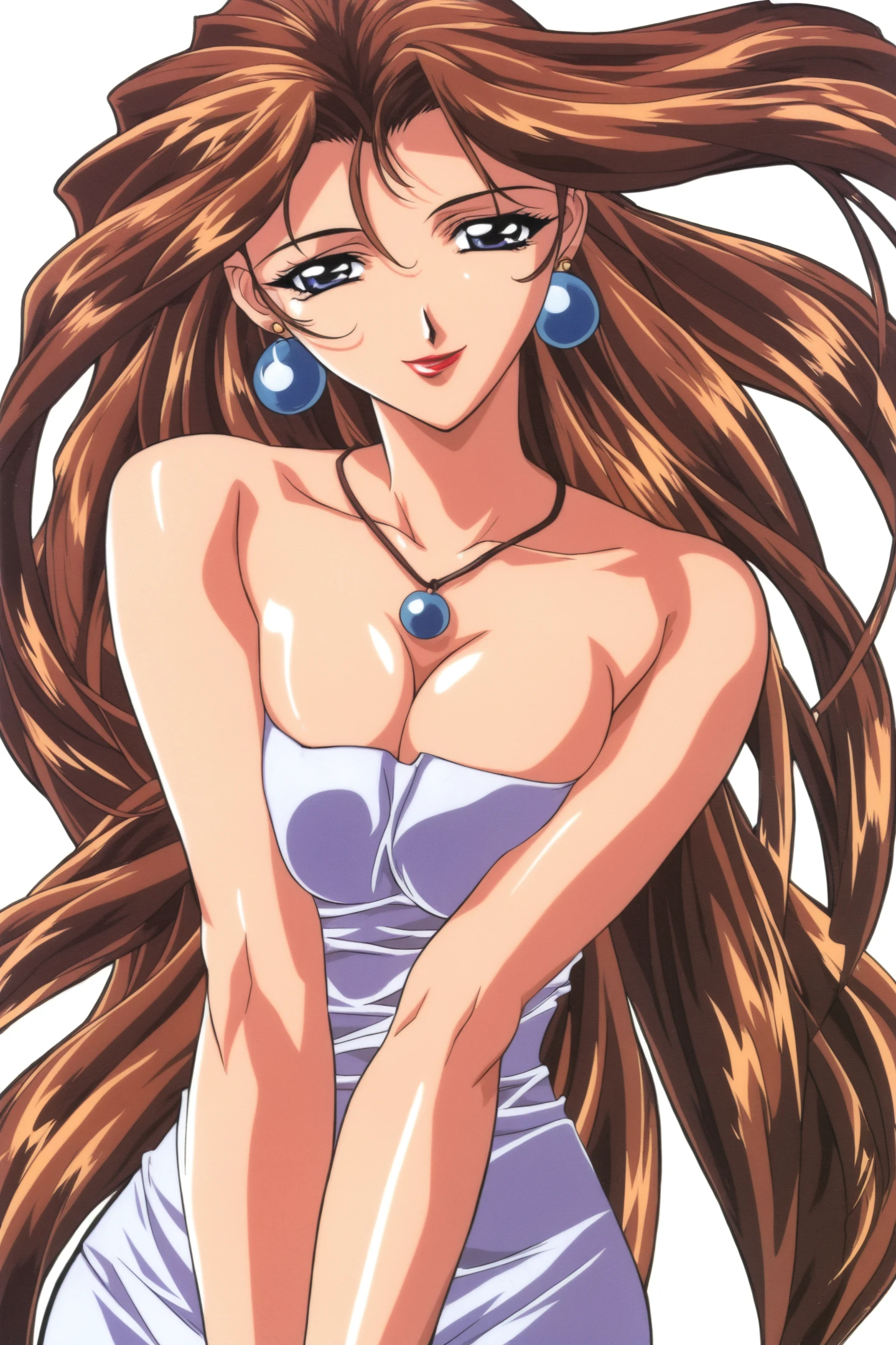 1girl,solo,long hair,jewelry,breasts,earrings,brown hair,1990s \(style\),lipstick,cleavage,makeup,necklace,strapless,simple background,smile,white background,looking at viewer,large breasts,red lips,bare shoulders,very long hair,pendant,cowboy shot,floating hair,v arms,
<lora:Keiji Gotoh_illustriousXL:0.8>,