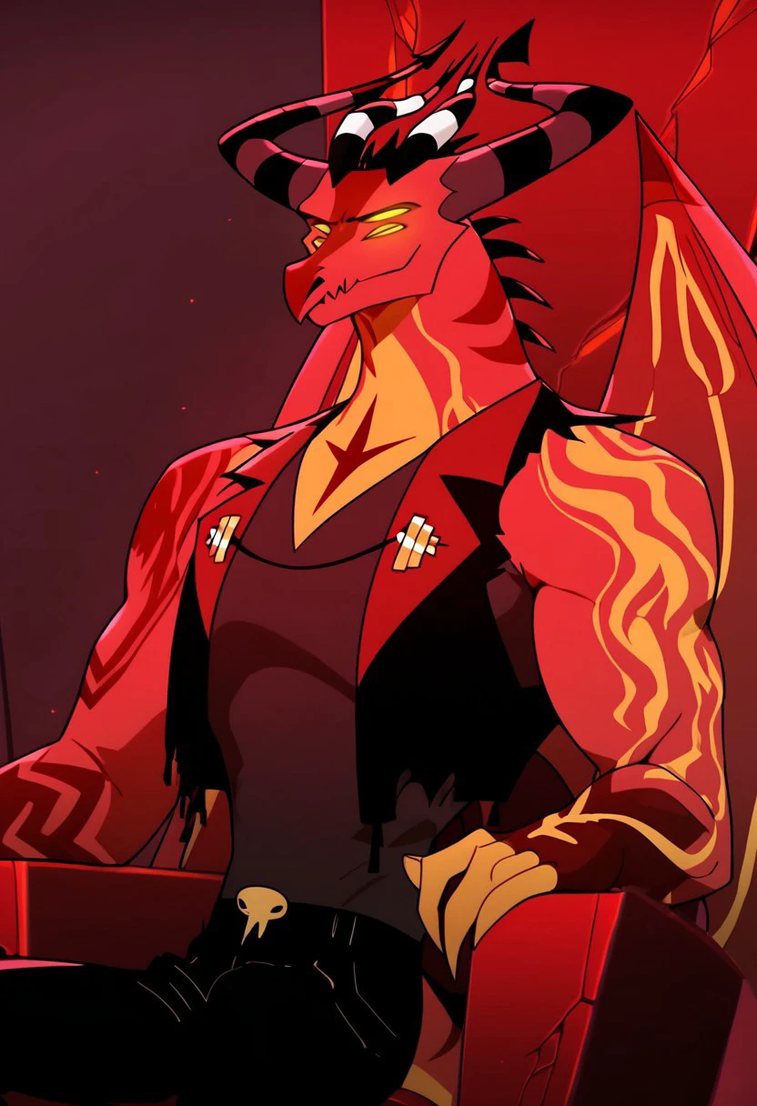 score_9_up, score_8_up, score_7_up, high quality, detailed, male, solo male, 1boy, Satan, mature male, four eyes, yellow eyes, yellow sclera, horns, anthro, dragon, demon, helluva boss, cartoon style, red skin, yellow underbelly, buff, muscular male, bara, athletic build, yellow claws, dark red markings on body, demon dragon, black vest, gray v-neck sleeveless shirt, black pants, throne, sitting on throne, half-body, bust shot, detailed background, looking at viewer, luxurious room