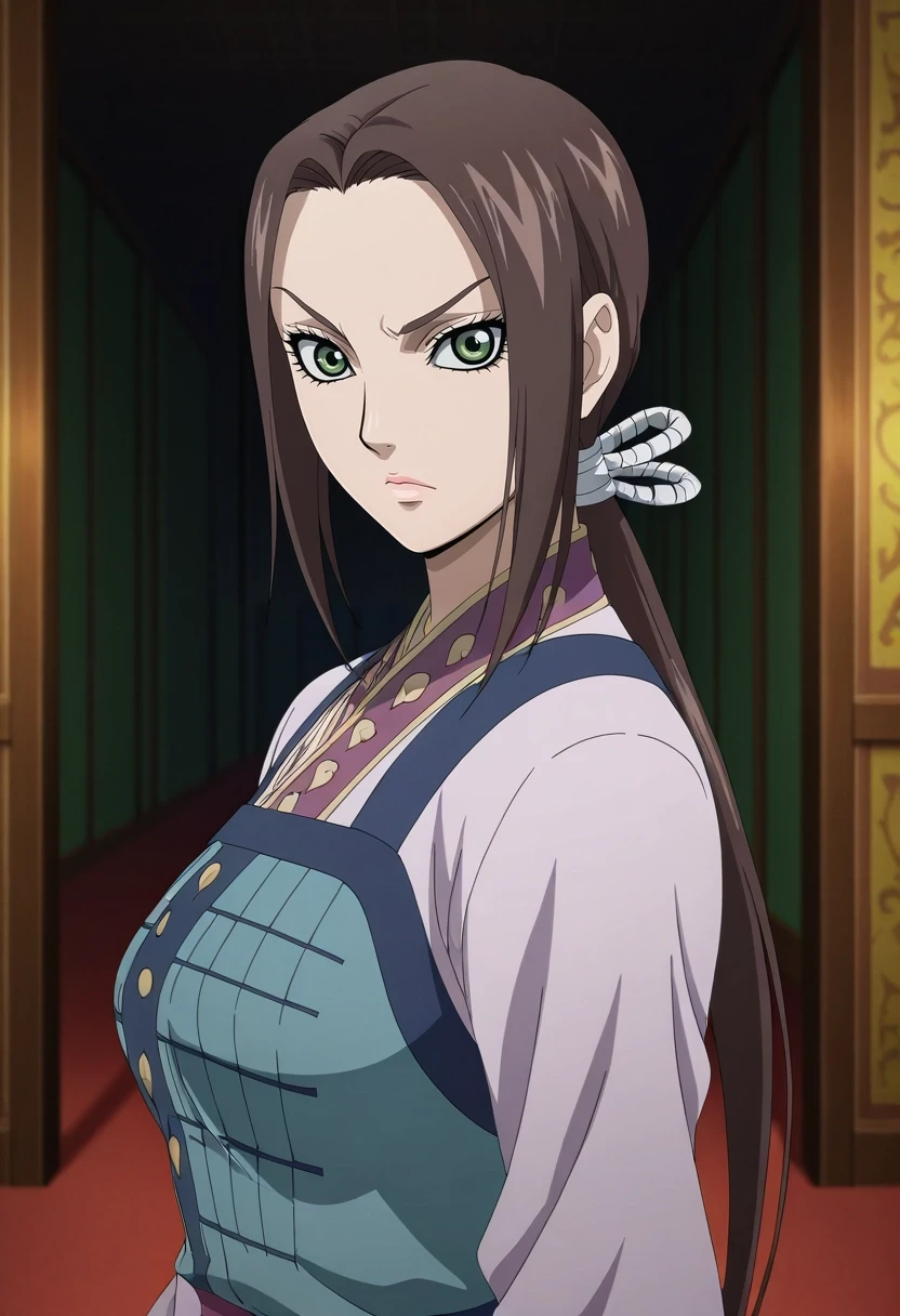 masterpiece, best quality, , anime screencap, , official style, looking at viewer, , 1girl, solo, <lora:kaine_kingdom_ilxl:0.9>, kaine_kingdom, brown hair, green eyes, long hair, low ponytail, ,