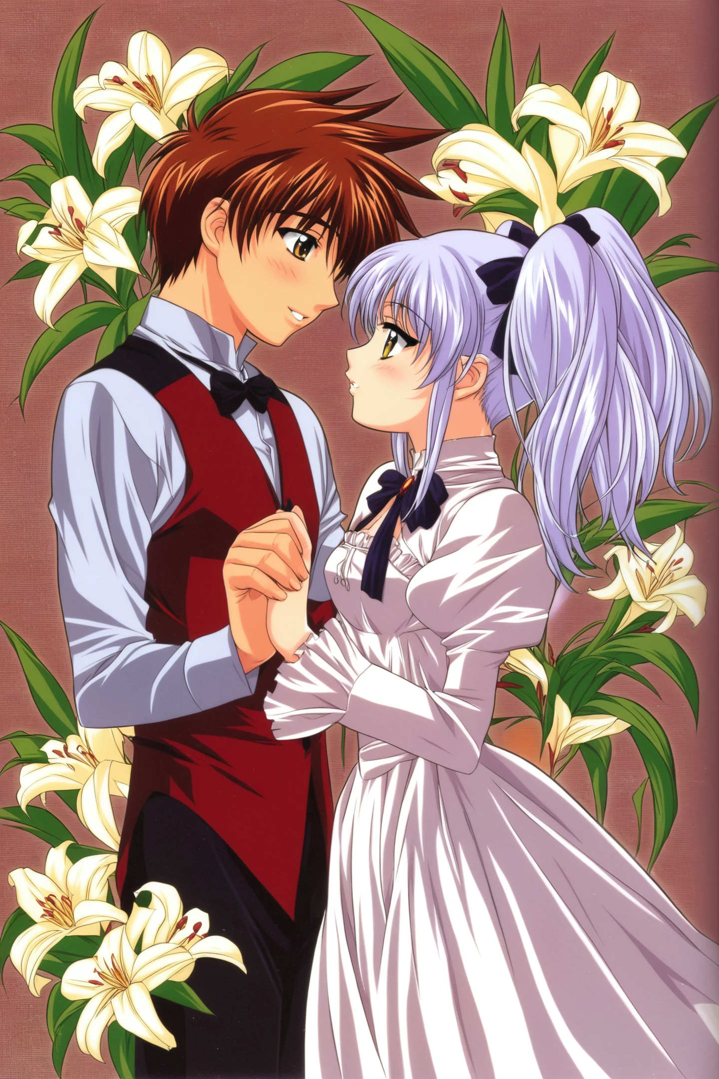 Hoshino Ruri,1girl,1boy,twintails,dress,bow,brown hair,long sleeves,juliet sleeves,holding hands,light purple hair,puffy sleeves,couple,hetero,bowtie,white dress,hair bow,blush,looking at another,brown eyes,yellow eyes,short hair,smile,parted lips,frills,long hair,flower,lily \(flower\),
<lora:Keiji Gotoh_illustriousXL:0.8>,