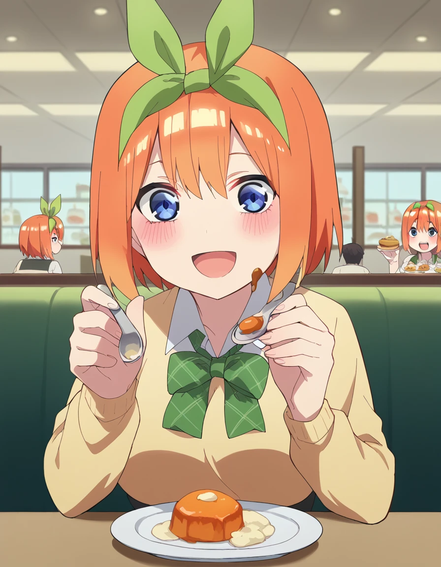 score_9, score_8_up, score_7_up, source_anime, <lora:yotsuba-nakano-s2-ponyxl-lora-nochekaiser:1>, yotsuba nakano, bangs, short hair, blue eyes, hair between eyes, hair ribbon, hairband, orange hair, green ribbon, large breasts,, <lora:incoming-spoon-ponyxl-lora-nochekaiser:1> incoming food, spoon, holding, holding spoon, food, looking at viewer, open mouth, blush, smile, restaurant, plate, hand up,, ,