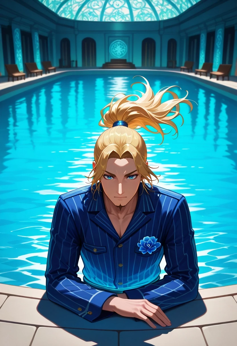 masterpiece, best quality, , , , , 1boy, solo, male focus, <lora:li_mu_ilxl:0.9>, li_mu, blonde hair, blue eyes, long hair, ponytail, facial hair, goatee, coral palace, shell towers, bubble gardens, fish courts, swimming pose, graceful expression, aqua lighting, Azure Toile Eyelet Joggers, ElectricBlue Herringbone Pinstripe Performance polo, , Bucket hat, and