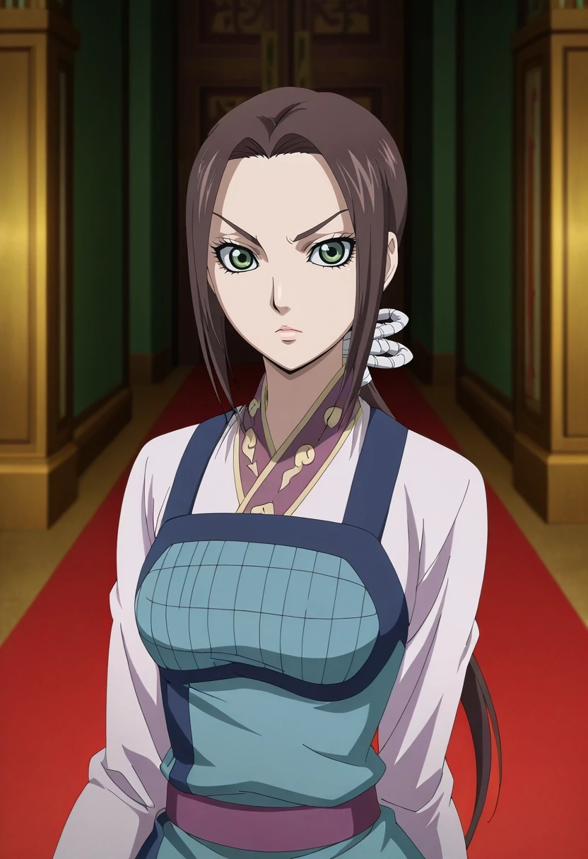 masterpiece, best quality, , anime screencap, , , looking at viewer, , 1girl, solo, <lora:kaine_kingdom_ilxl:1>, kaine_kingdom, brown hair, green eyes, long hair, low ponytail, ,