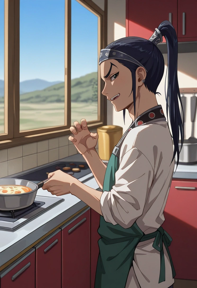 masterpiece, best quality, , , looking at viewer, , 1boy, solo, male focus, <lora:wang_ben_ilxl:1>, wang_ben, aged down, black hair, black eyes, long hair, ponytail, profile, kitchen, cooking, day, sunny, claw pose, giggling,