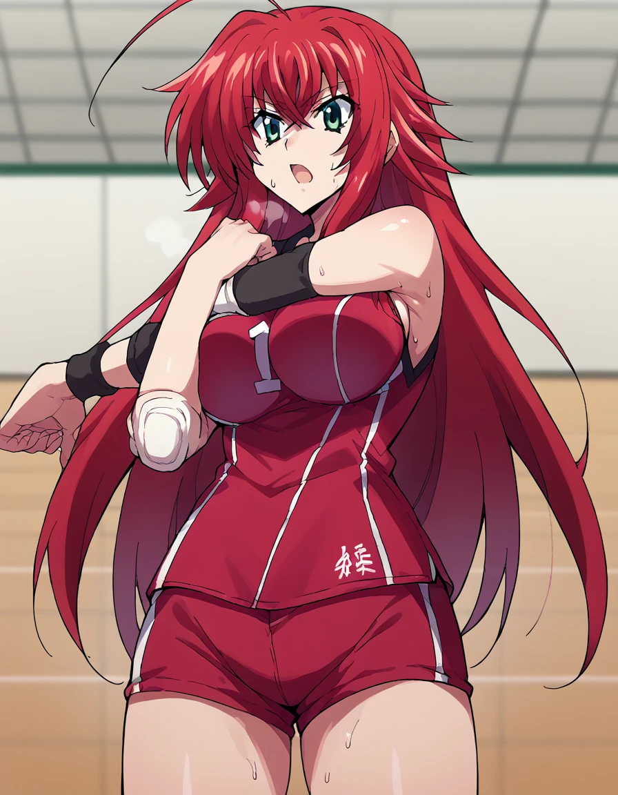 score_9, score_8_up, score_7_up, source_anime, <lora:rias-gremory-ponyxl-lora-nochekaiser:1>, rias gremory, huge ahoge, long hair, hair between eyes, green eyes, red hair, large breasts, <lora:volleyball-uniform-ponyxl-lora-nochekaiser:1> volleyball uniform, sportswear, elbow pads, elbow sleeve, knee pads, sleeveless, shorts, short shorts,, audience, gym, sweat, open mouth, steam, <lora:cross-body-stretch-ponyxl-lora-nochekaiser:1> cross-body stretch, stretching, arm across chest, exercising,,, cowboy shot,