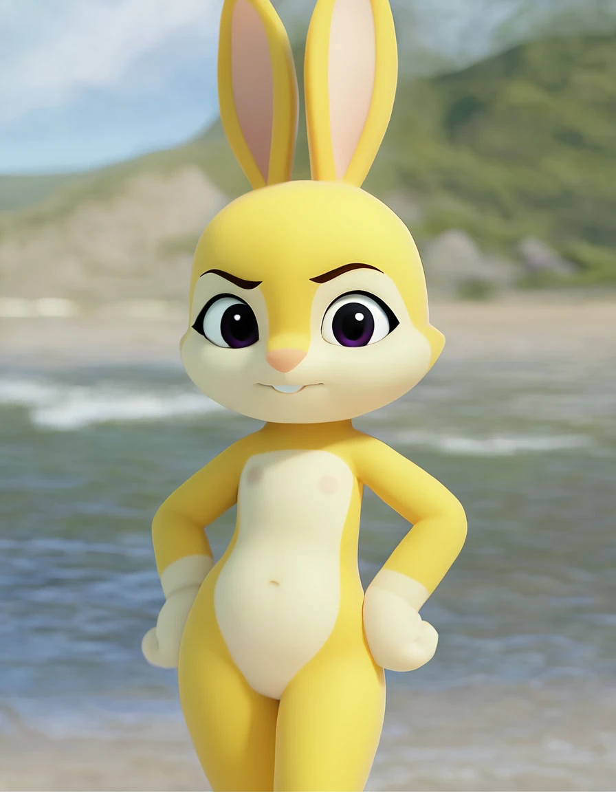 score_9, score_8_up, score_7_up, 1girl, solo, jenipkwsr, rabbit, two-tone fur, yellow body, looking at viewer, portrait, standing, hand on own hip, completely nude, beach,  <lora:jeni_pony_v1:1.0>