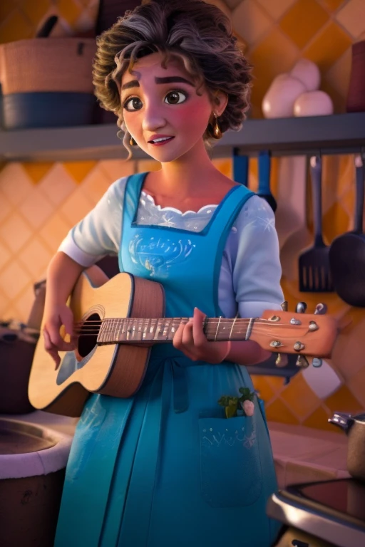 Juliet play acoustic guitar.
Julieta,1girl,tanned skin,curly black and gray hair tied in a bun,hazel eyes,blue dress with a blue kitchen apron,brown flat shoes,gold earrings