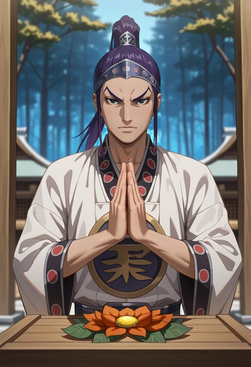 masterpiece, best quality, , semi-realistic, , depth of field, 1boy, solo, male focus, <lora:wang_ben_ilxl:0.9>, wang_ben, purple hair, black eyes, long hair, ponytail, forest shrine, tree altar, leaf offerings, prayer circles, worship pose, spiritual expression, dawn,
