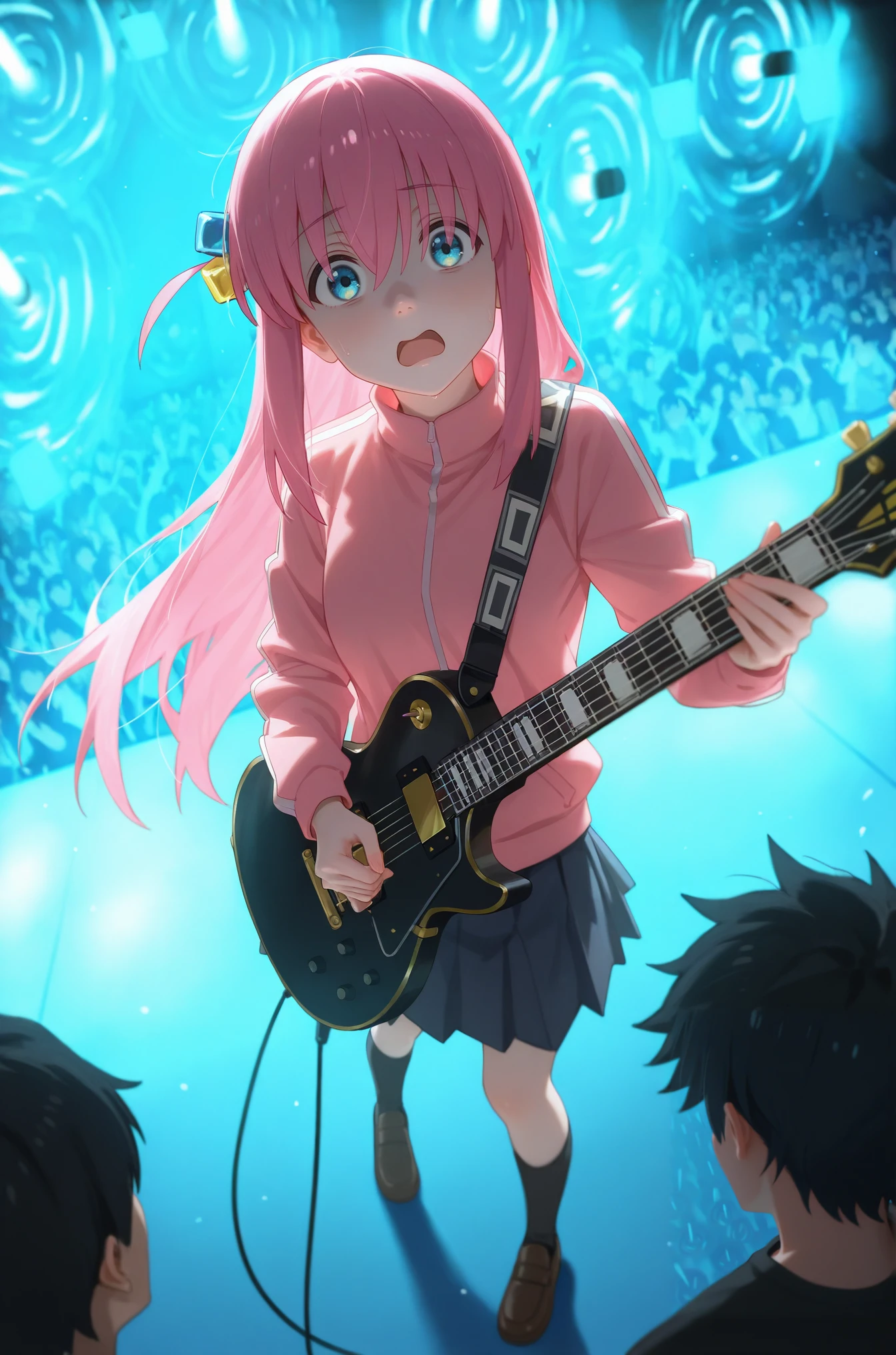 masterpiece, best quality, 2.5D, realistic
<lora:Gate of Babylon [IL]:1.2> gate of babylon,   dynamic angle, blue light, 
gotoh_hitori, bocchi_the_rock!, 1girl, pink_hair, blue_eyes, live concert, crowd, audience, guitars,  shocked, open mouth
 looking at viewer,