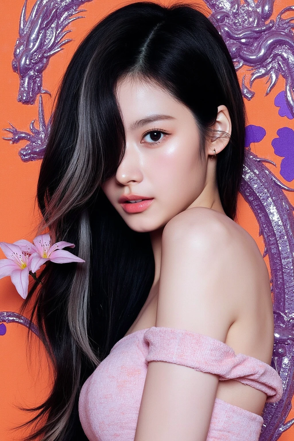 a young korean woman with a captivating and futuristic aesthetic. she has long, straight hair with a striking combination of black and silver streaks, (right eye covered by hair), one visible eye is emphasized with bold, dramatic makeup, contributing to a powerful and intense expression.
The person is dressed in a light, off-the-shoulder top that reveals one shoulder, adding to their sleek and modern look.
The background is a blend of  primarily oranges and purplesâwith abstract, metallic, dragon-like forms intertwined with organic elements such as flowers and leaves.  ,<lora:flux_realism_lora:1>, <lora:makinaflux_sana_v1.0:1>