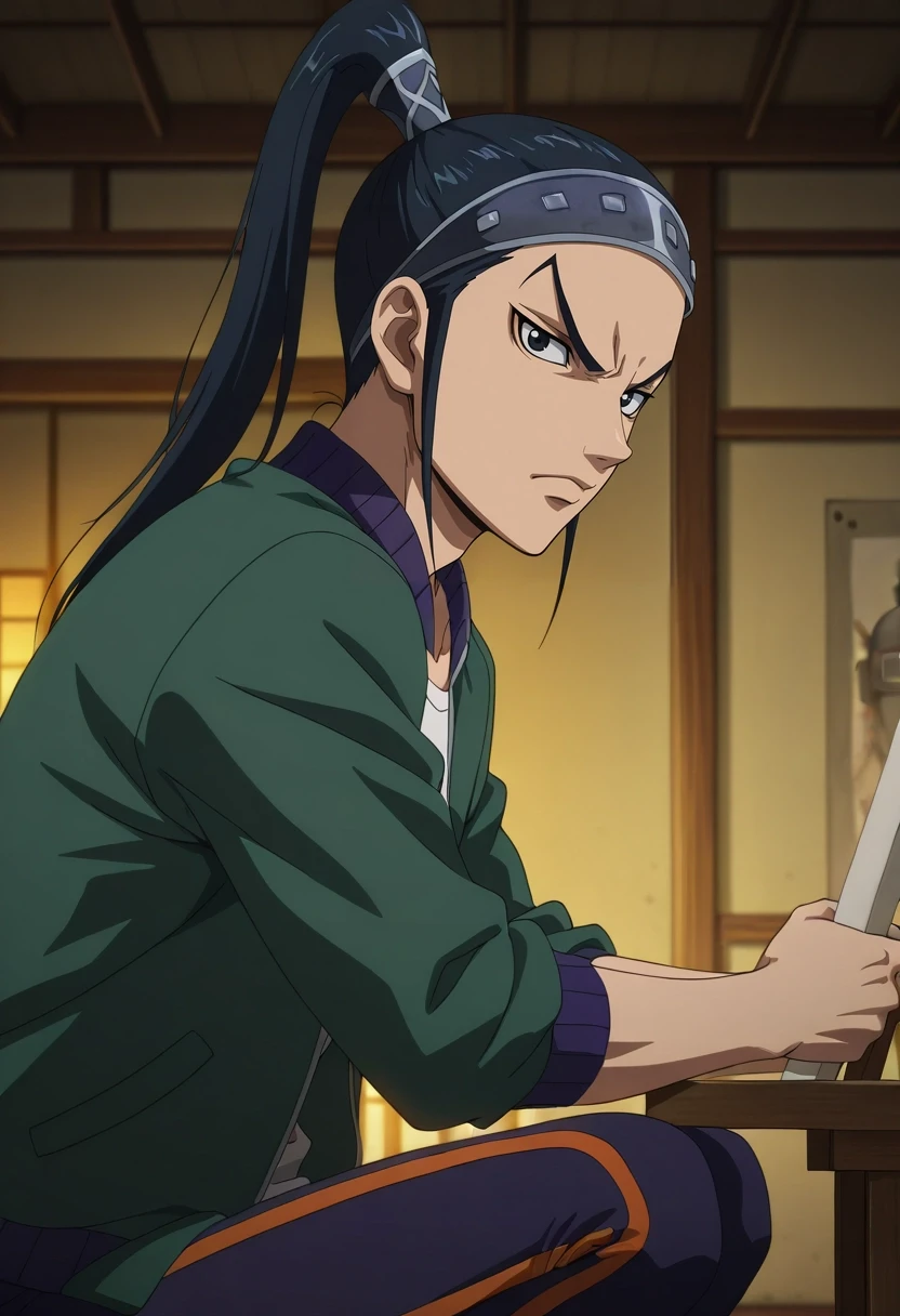 masterpiece, best quality, , anime screencap, anime coloring, official style, looking at viewer, , 1boy, solo, male focus, <lora:wang_ben_ilxl:0.9>, wang_ben, aged down, black hair, black eyes, long hair, ponytail, profile, town, japanese architecture, light, breast rest, angry, Canvas Chartreuse Digital print Athletic leggings, Harrington jacket, , , Welding Mask and