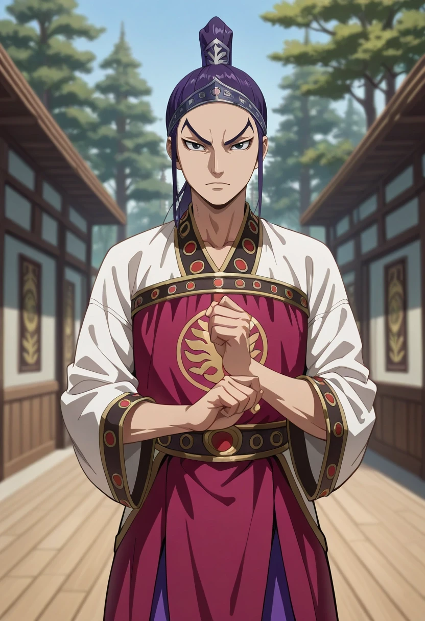 masterpiece, best quality, , , looking at viewer, depth of field, 1boy, solo, male focus, <lora:wang_ben_ilxl:0.98>, wang_ben, purple hair, black eyes, long hair, ponytail, forest palace, tree towers, leaf halls, wooden courts, royal pose, majestic expression, morning, toga costume