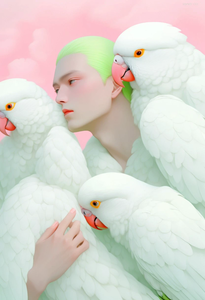 (AR71B),green eyes, 1boy, bara, muscular, topless, hugging, on verge of kissing,cute,pink cloud, (surround by seven white parrot:1.7),make up, white hair, fluorescent, yellow sclera,best quality, master piece, highres, aesthetic, in love, naked, nipples,cute, (open mouth:1.3), yellow hair, head tilt,explicit, golden_ratio, dutch angles