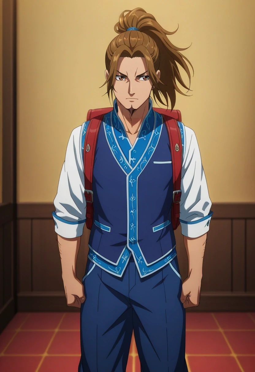 masterpiece, best quality, intricate details, anime screencap, , , , , 1boy, solo, male focus, <lora:li_mu_ilxl:0.92>, li_mu, aged down, brown hair, brown eyes, long hair, ponytail, facial hair, goatee, , Tailored sweatpants, Dress vest, , , and andBackpack