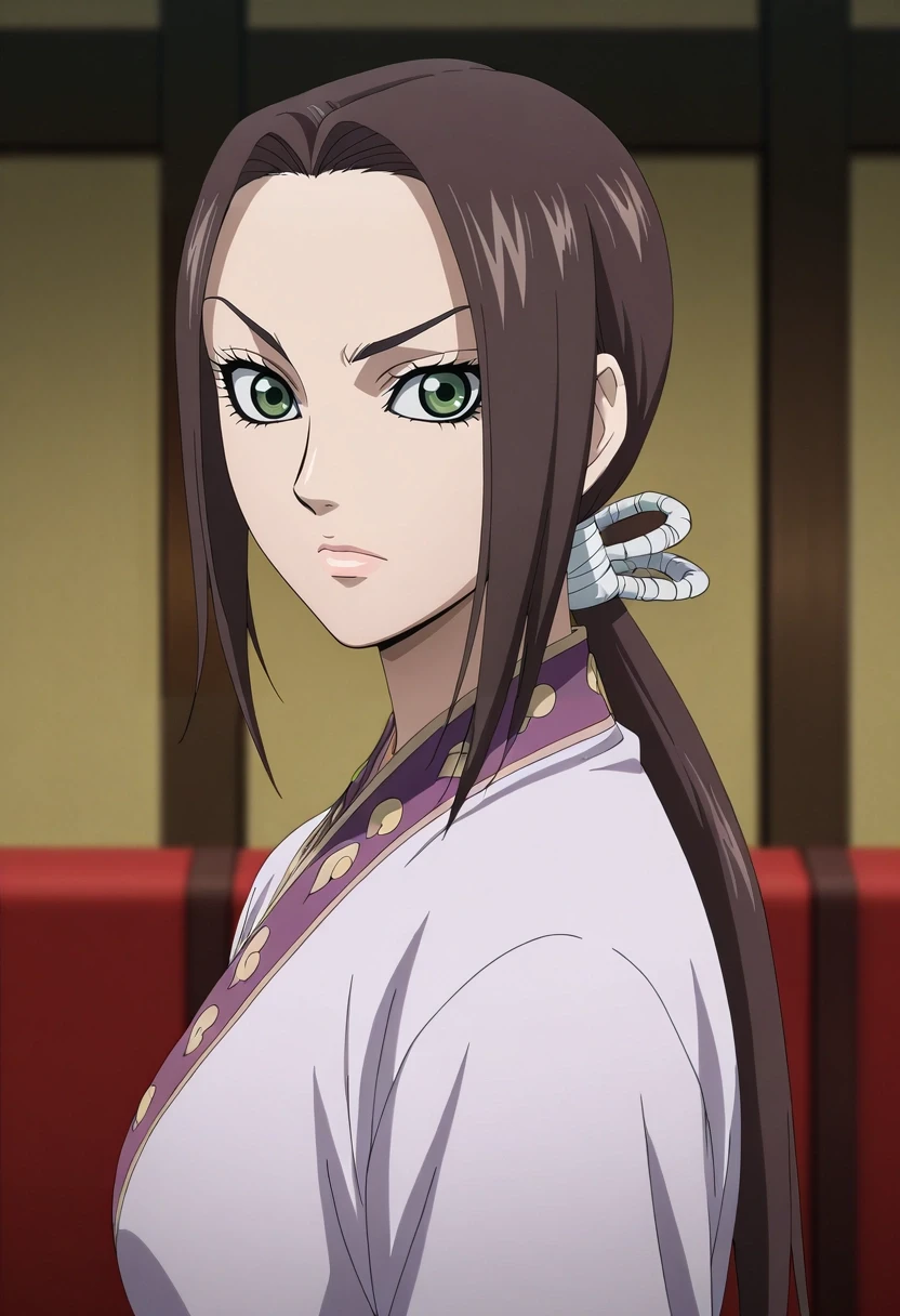 masterpiece, best quality, intricate details, anime screencap, , official style, looking at viewer, depth of field, 1girl, solo, <lora:kaine_kingdom_ilxl:1>, kaine_kingdom, brown hair, green eyes, long hair, low ponytail, ,
