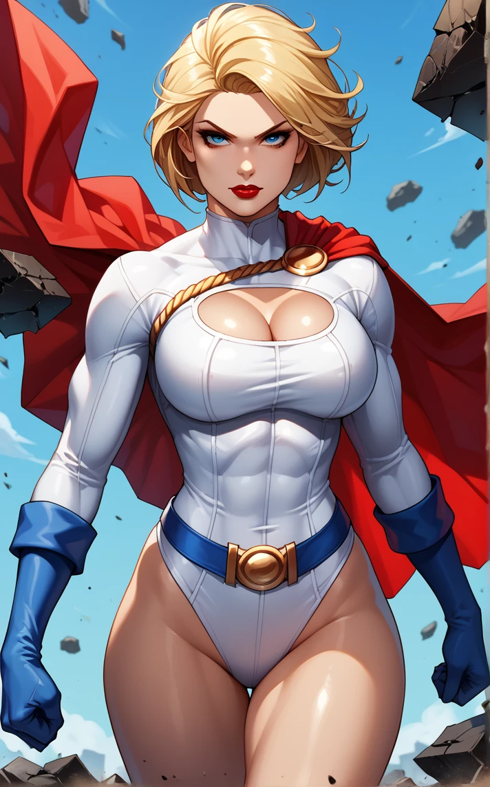 score_9, score_8_up, score_7_up, fighting stance, dynamic pose, action scene, cowboy shot, simple background, debris, depth of field, solo, looking at viewer,  <lora:PONYXL_DC_Powergirl_ownwaifu:1>, BREAK PONYXL_DC_Powergirl_ownwaifu, 1girl, blonde hair, blue eyes, large breasts, muscular female, short hair, superhero, toned, red lips, makeup, lipstick, blue gloves, bursting breasts, cleavage cutout, gold, highleg leotard, jewelry, loose belt, red belt, red cape, skin tight, white leotard, clothing cutout, thighs,  turtleneck, bangs, thick thighs, long sleeves, groin,<lora:Expressive_H:0.15> <lora:add-detail-xl:0.15>,  <lora:43stl1ght1ngXLP2:0.2>, 43stl1ght1ng, dramatic lighting,