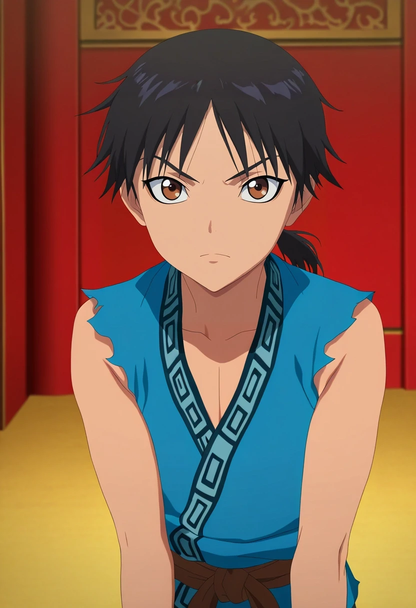 masterpiece, best quality, , anime screencap, , , looking at viewer, , 1boy, solo, male focus, <lora:xin_kingdom_ilxl:0.94>, xin_kingdom, black hair, brown eyes, short hair, low ponytail, (aged down:0.4), , ,