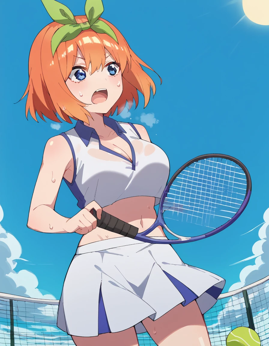 score_9, score_8_up, score_7_up, source_anime, <lora:yotsuba-nakano-s2-ponyxl-lora-nochekaiser:1>, yotsuba nakano, bangs, short hair, blue eyes, hair between eyes, hair ribbon, hairband, orange hair, green ribbon, large breasts,, <lora:tennis-uniform-ponyxl-lora-nochekaiser:1> tennis uniform, tennis racket, racket, tennis ball, sportswear, tennis, tennis court, holding racket, two-tone skirt, tennis net, two-tone shirt, tennis skirt, teniis dress, crop top overhang, holding tennis racket, ball,, open mouth, sweat, steam, blue sky, clouds, sun, cleavage, navel, cowboy shot,