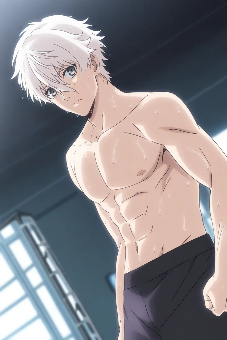 White hair, young ager male, slim body, exercising, sport, sweating, sexy, blue eyes