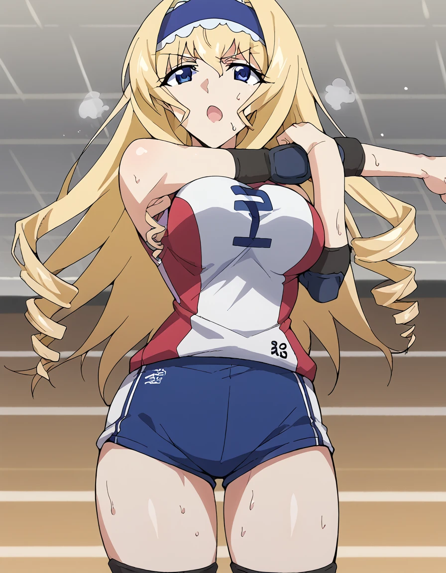 score_9, score_8_up, score_7_up, source_anime, <lora:cecilia-alcott-s2-ponyxl-lora-nochekaiser:1>, cecilia alcott, long hair, blue eyes, blonde hair, hairband, drill hair, blue hairband, large breasts,, <lora:volleyball-uniform-ponyxl-lora-nochekaiser:1> volleyball uniform, sportswear, elbow pads, elbow sleeve, knee pads, sleeveless, shorts, short shorts,, audience, gym, sweat, open mouth, steam, <lora:cross-body-stretch-ponyxl-lora-nochekaiser:1> cross-body stretch, stretching, arm across chest, exercising,,, cowboy shot,