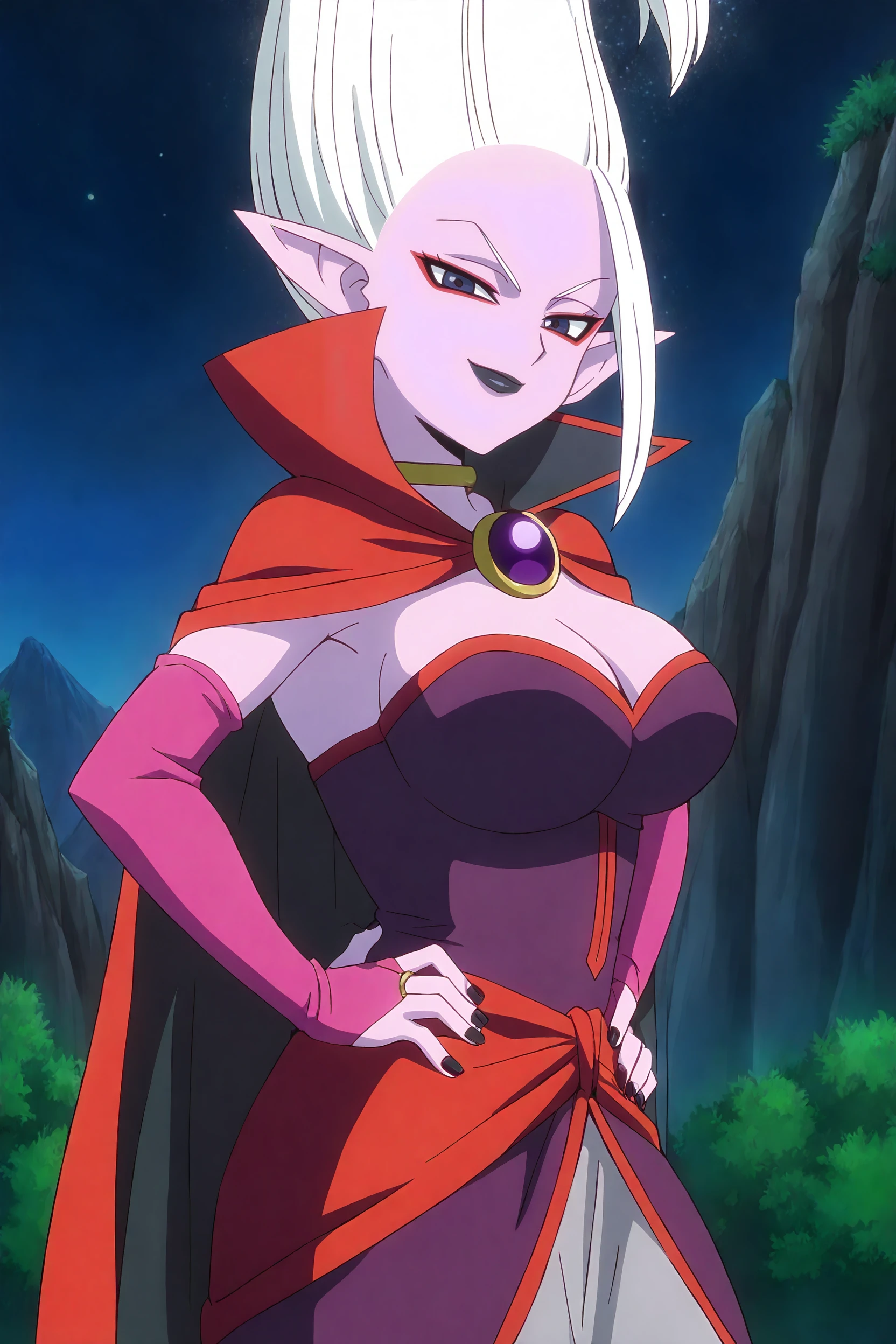 masterpiece, best quality, anime screencap,arinsu,1girl,solo,cowboy shot, pink skin, pointy ears, white hair, hair slicked up, blue-grey eyes, red eyeliner, black lips, asymmetrical bangs, front slit , purple layered dress, strapless dress,red sash, two-sided cape, red cape, black cape, pink bridal gauntlets,purple brooch, gold neck ring, hands on own hips,contrapposto, smirk,elbow gloves,looking at viewer, night, cliff, grass, bush, mountain,starry sky,large breasts,,cleavage, (from side:0.8),closed mouth, long hair ,grey long skirt,black nails  <lora:DrArinsuIllusV2:1>