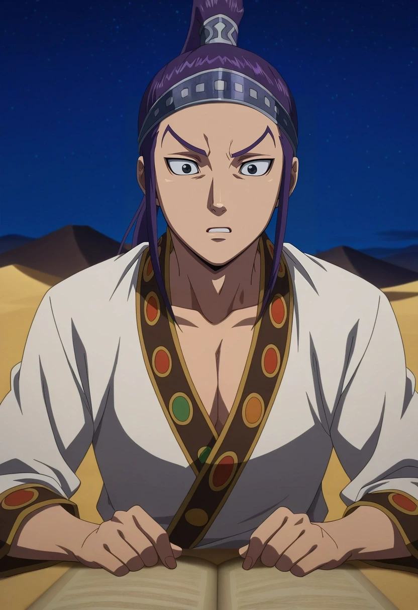 masterpiece, best quality, , anime screencap, anime coloring, official style, , , 1boy, solo, male focus, <lora:wang_ben_ilxl:0.94>, wang_ben, purple hair, black eyes, long hair, ponytail, desert observatory, sand domes, star maps, research stations, studying pose, fascinated expression, night,