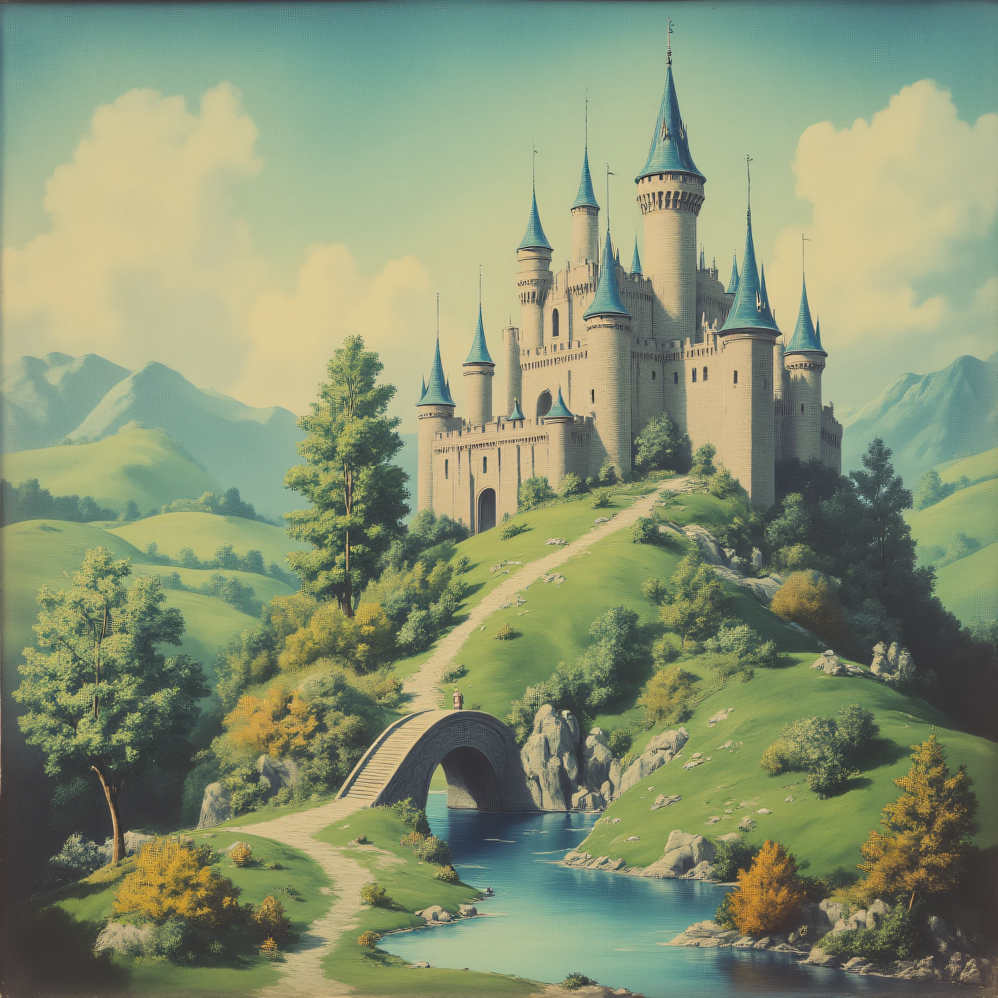 ArsMovieStill, movie still from a 1930s technicolor movie, The image shows a painting of a castle perched atop a hill surrounded by a river a bridge a group of trees plants grass the hills and a cloudy sky., no humans, tree, scenery, outdoors, sky, day, castle, water, blue sky, grass