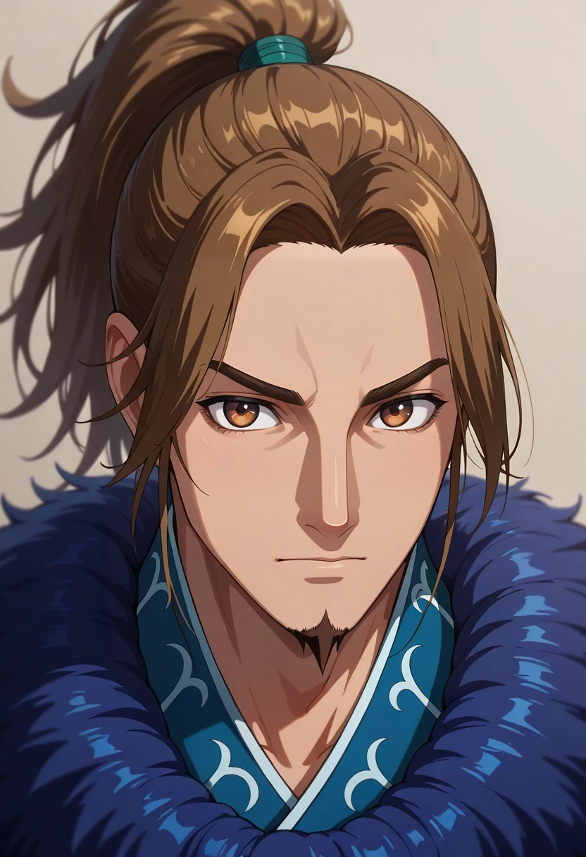 masterpiece, best quality, intricate details, , looking at viewer, , 1boy, solo, male focus, <lora:li_mu_ilxl:0.9>, li_mu, aged down, brown hair, brown eyes, long hair, ponytail, facial hair, goatee, ,