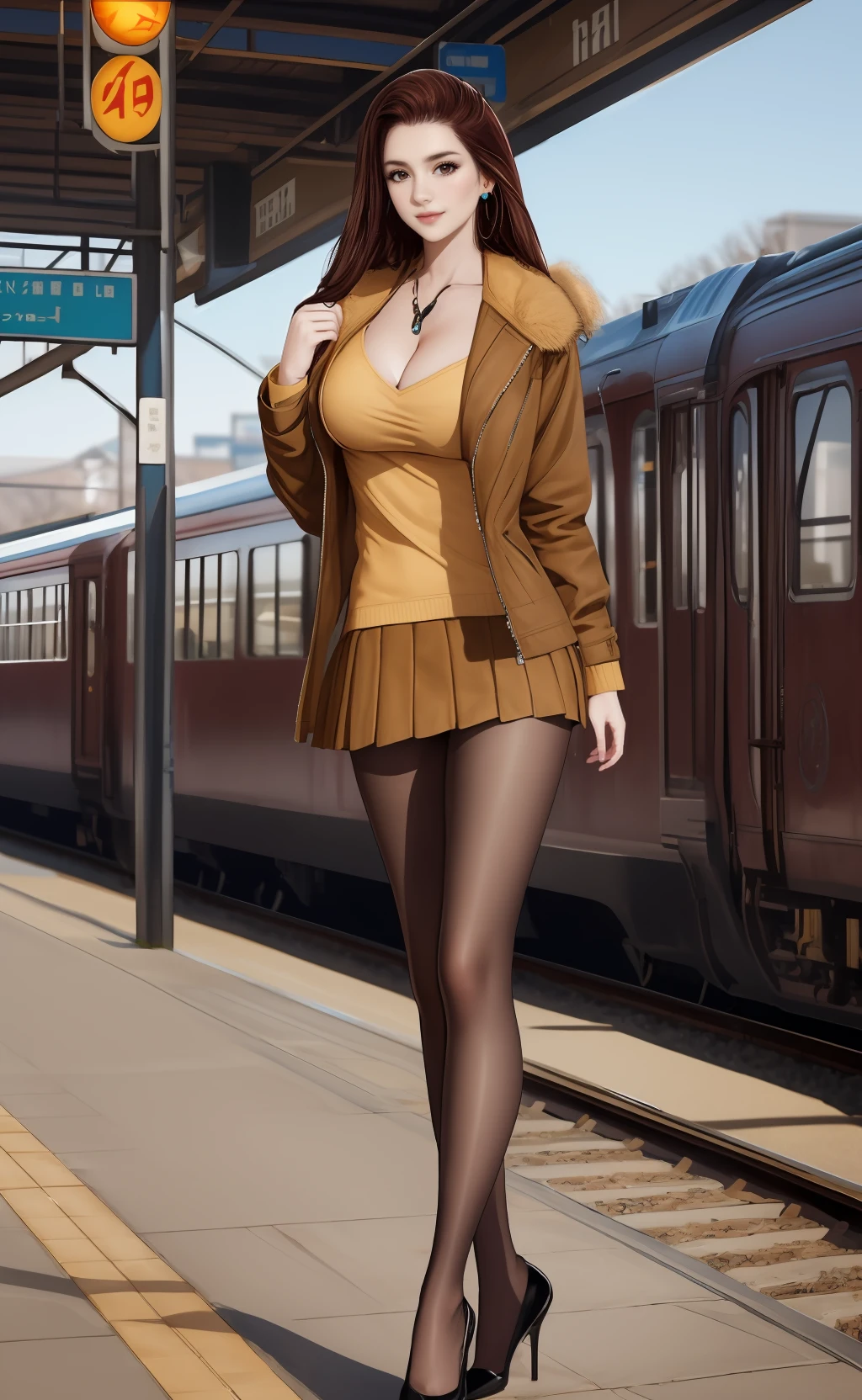 masterpiece,8k high quality detailed,highres,(solo:1.2),anime,rim light,(portrait:1.3),train station,hall,crowd,window,sunlight,
<lora:AI_Girl_015_v3:0.7>,aigirl015v3,1girl,brown hair,long hair,brown eyes,lips,earrings,large breasts,jacket,brown jacket,cleavage,fur trim,long sleeves,jewelry,skirt,pleated skirt,miniskirt,brown pantyhose,pantyhose,black footwear,high heels,detailed face,Flirty, A playful smile, arched eyebrows, and a slightly tilted head,
<lora:more_details:0.45>,realistic cloth texture,<lora:GoodHands-vanilla:1>,