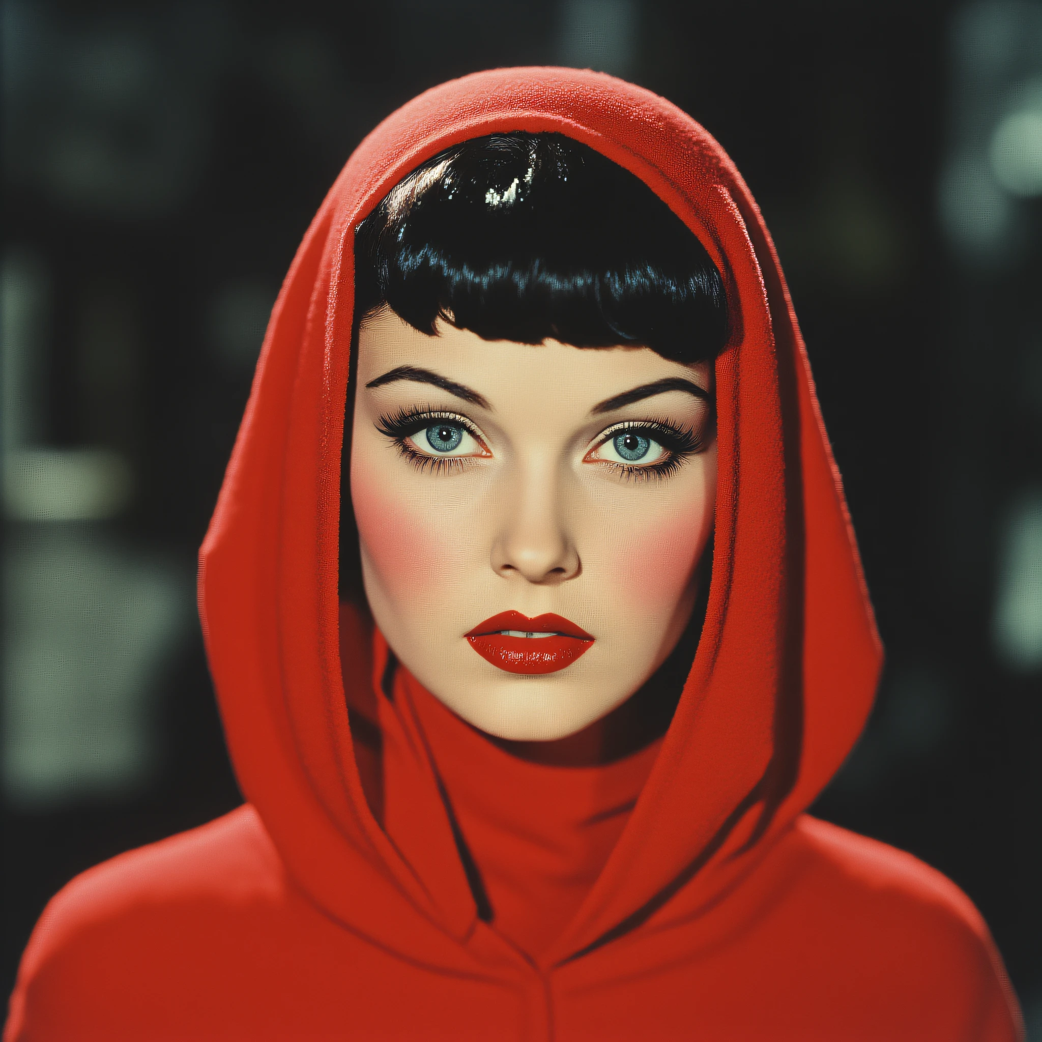 ArsMovieStill, movie still from a 1930s technicolor movie, The image shows a woman wearing a red dress and a red hooded cloak with a blurred background. Her face is clearly visible with her eyes looking directly at the viewer. Her hair is pulled back in a neat bun and her lips are painted a deep red. She has a mysterious and captivating expression on her face., 1girl, solo, red lips, blue eyes, makeup, black hair, looking at viewer, lipstick, bangs, portrait