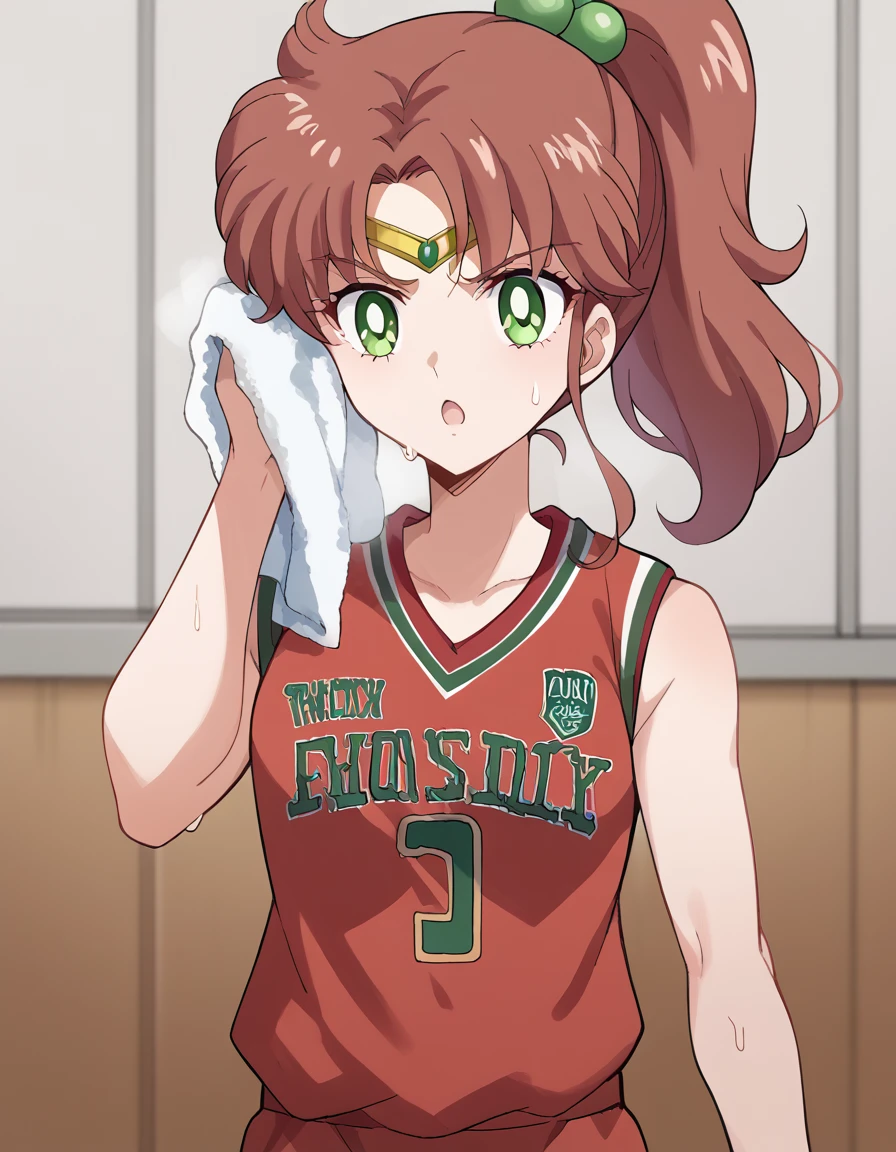 score_9, score_8_up, score_7_up, source_anime, <lora:makoto-kino-eternal-movie1-ponyxl-lora-nochekaiser_r1:1>, makoto kino, brown hair, circlet, green eyes, hair bobbles, hair ornament, medium hair, ponytail, sidelocks, parted bangs,, <lora:basketball-uniform-ponyxl-lora-nochekaiser:1> basketball uniform, basketball jersery, sportswear, jersey, shorts, sleeveless,, audience, gym, sweat, open mouth, steam, <lora:wiping-towel-ponyxl-lora-nochekaiser:1> wiping sweat, towel, holding, sweat, holding towel, looking at viewer, open mouth,, cowboy shot,