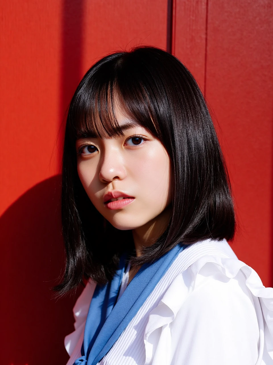 SHOGENJI, The image is a portrait of a young woman with shoulder-length dark hair and bangs. She is standing in front of a red wall with a shadow cast on it. The woman is wearing a white blouse with ruffled sleeves and a blue scarf around her neck. She has a serious expression on her face and is looking directly at the camera. The overall mood of the image is serious and contemplative.