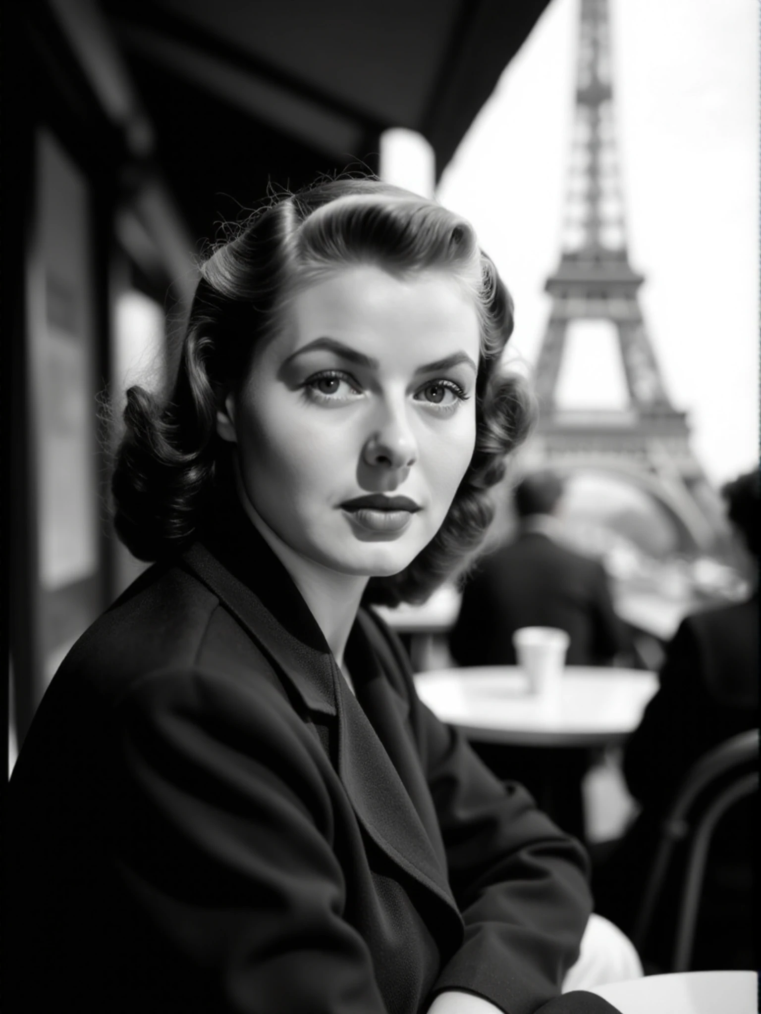 <lora:Ingrid_Bergman_V1:1> woman, 1940s hair, 1940s clothes, black and white, at an outdoor cafe in Paris, the Eiffel Tower is in the background, bokeh, extreme close-up, centered, staring directly and intently at viewer, looking directly at viewer, looking at viewer