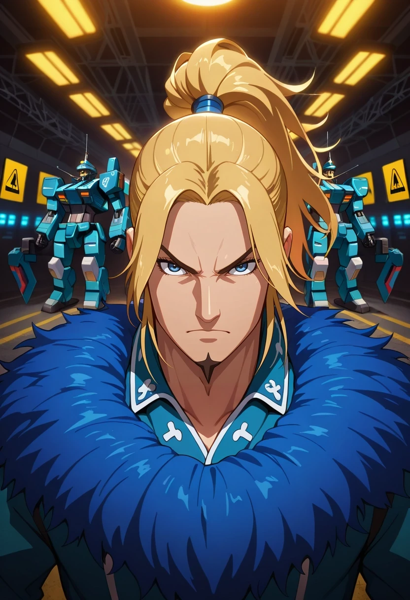 masterpiece, best quality, , semi-realistic, looking at viewer, , 1boy, solo, male focus, <lora:li_mu_ilxl:1>, li_mu, blonde hair, blue eyes, long hair, ponytail, facial hair, goatee, mecha bay, giant robots, maintenance cranes, warning lights, pilot pose, serious expression, artificial lighting,