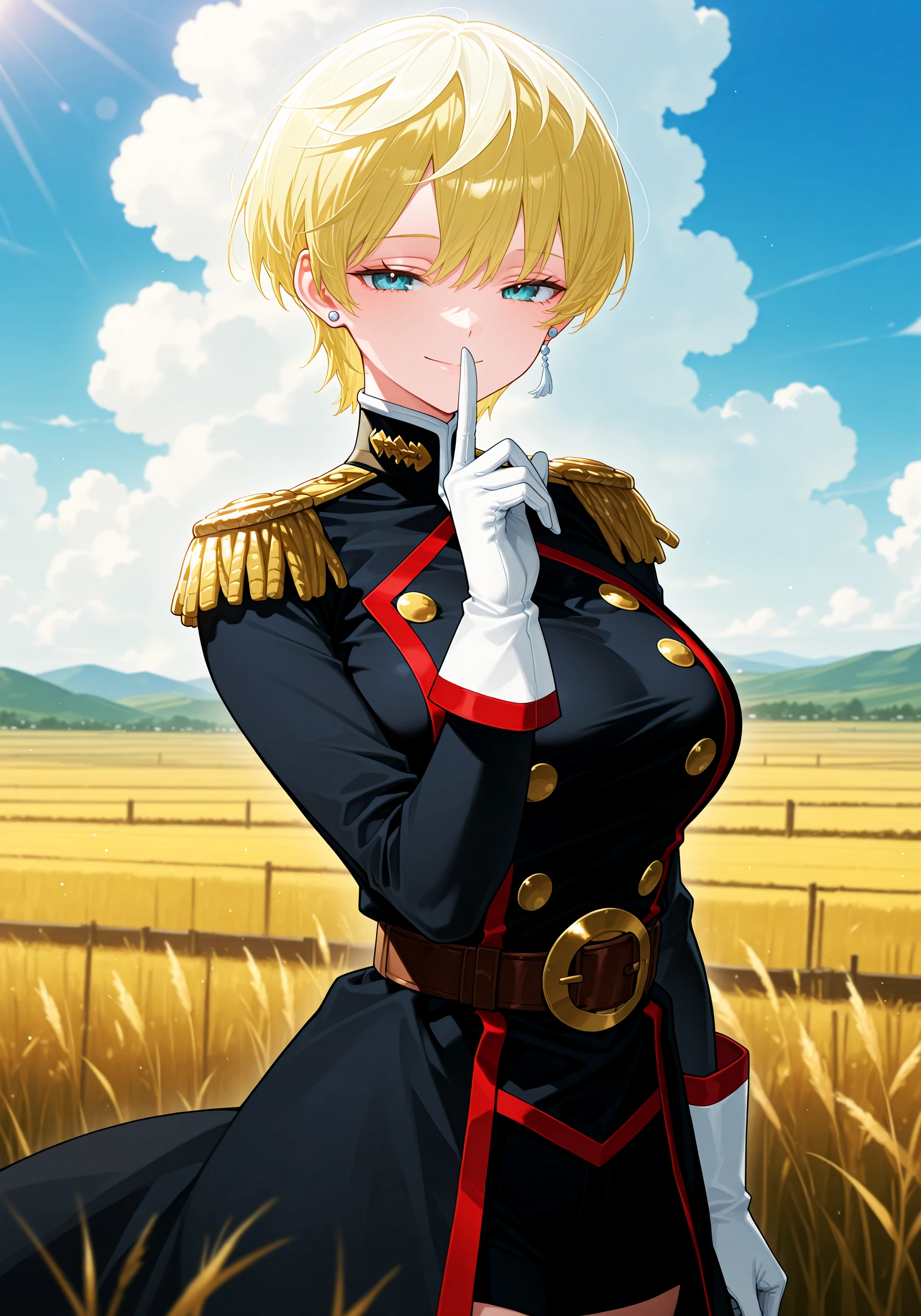 1girl, <lora:tenka50:1>, tenkzumo, earring, black clothing, military uniform dress, epaulets, belt, gloves, smile, closed mouth, cowboy shot, looking at viewer, hand to lips, shushing,
volumetric lighting, blue sky, clouds, sunlight, rural farmland background,
high resolution, ultra-detailed, absurdres, masterpiece, best quality, good quality, newest