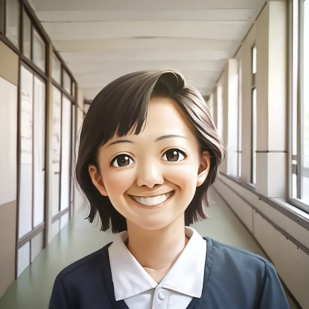 score_8_up, japanese_school_hallway, 1girl, japanese, solo, portrait, beautiful, smile, interesting face, interesting composition, masterpiece, source_anime