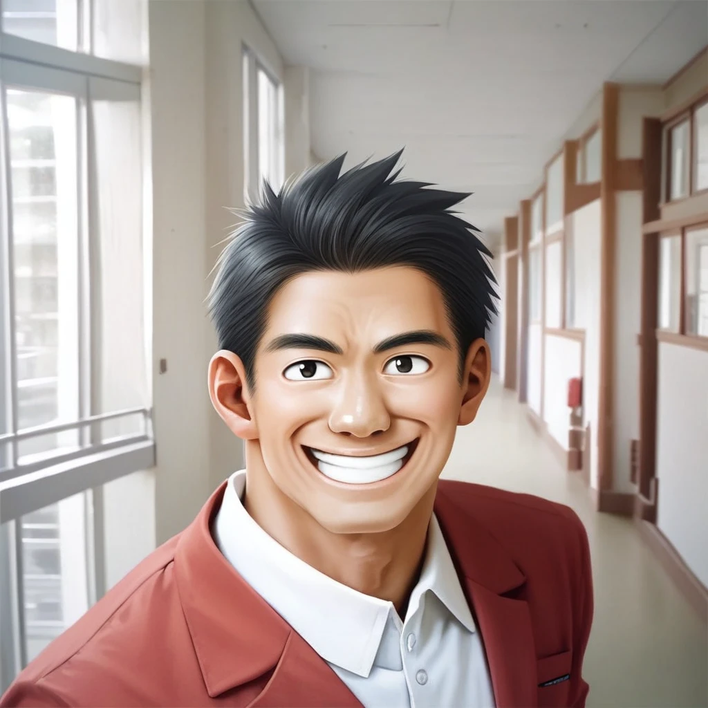 score_8_up, japanese_school_hallway, 1boy, japanese, solo, portrait, handsome, smile, interesting face, interesting composition, masterpiece, source_anime