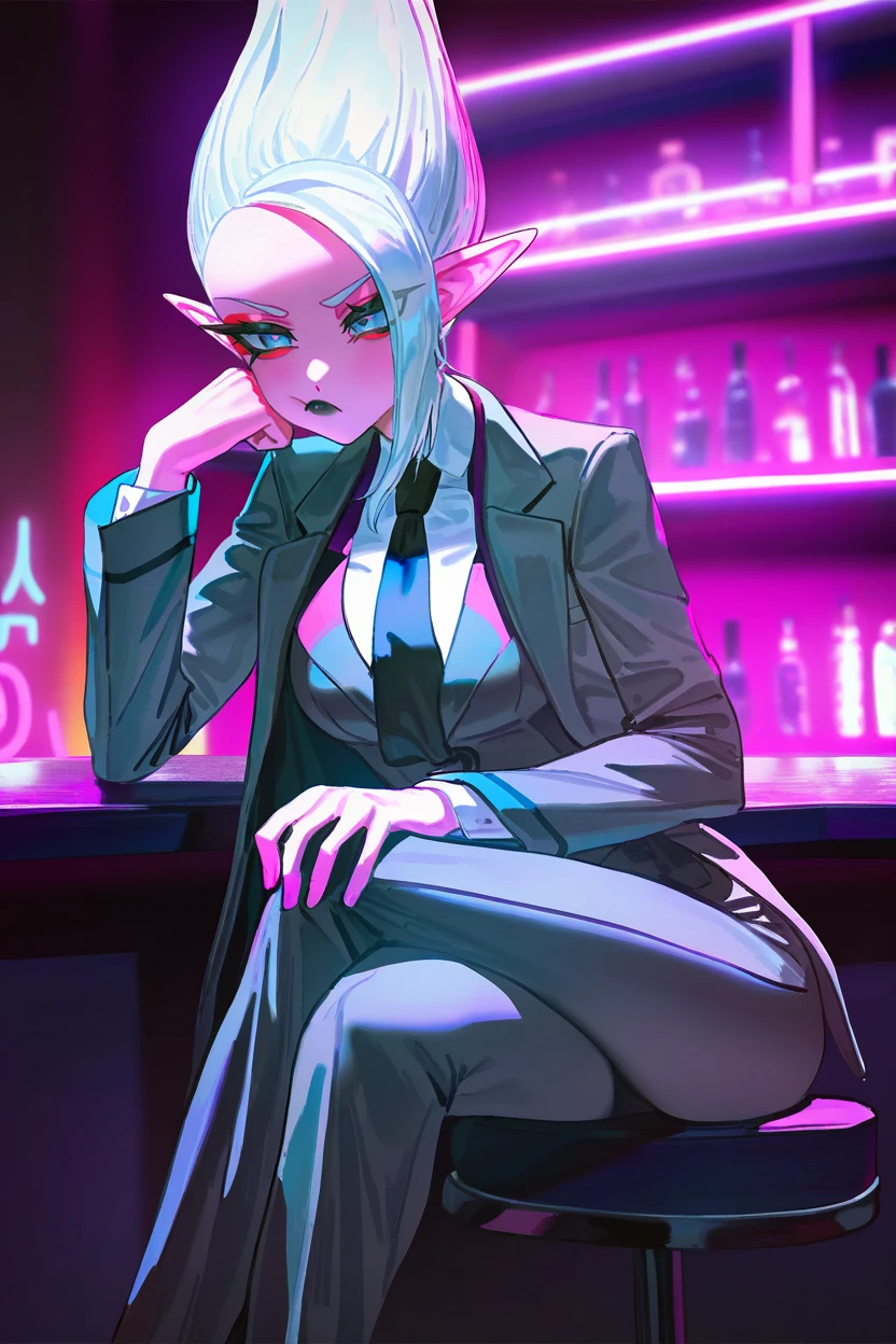 masterpiece, best quality,,arinsu,1girl,solo, pink skin, pointy ears, white hair, hair slicked up, blue-grey eyes, red eyeliner, black lips, asymmetrical bangs,formal,grey suit, grey jacket, grey pants, black necktie,white collared shirt, bar, shelf, purple neon lights,night,contrapposto,pout,medium breasts,long necktie,crossed legs, purple lights,long sleeves,head rest,open jacket, closed mouth,hand on own knee,stool,artist:john_kafka,artist:wanke,artist:quasarcake  <lora:DrArinsuIllusV2:1>