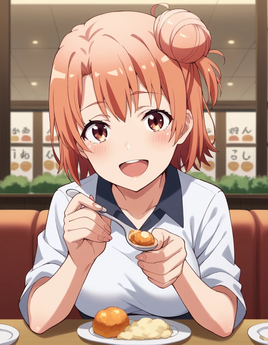 score_9, score_8_up, score_7_up, source_anime, <lora:yui-yuigahama-s2s3-ponyxl-lora-nochekaiser:1>, yui yuigahama, short hair, brown eyes, orange hair, hair bun, single hair bun, large breasts,, <lora:incoming-spoon-ponyxl-lora-nochekaiser:1> incoming food, spoon, holding, holding spoon, food, looking at viewer, open mouth, blush, smile, restaurant, plate, hand up,, ,