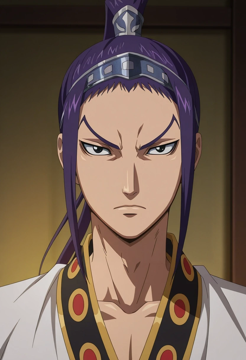 masterpiece, best quality, , anime screencap, anime coloring, official style, looking at viewer, , 1boy, solo, male focus, <lora:wang_ben_ilxl:0.98>, wang_ben, purple hair, black eyes, long hair, ponytail, , ,
