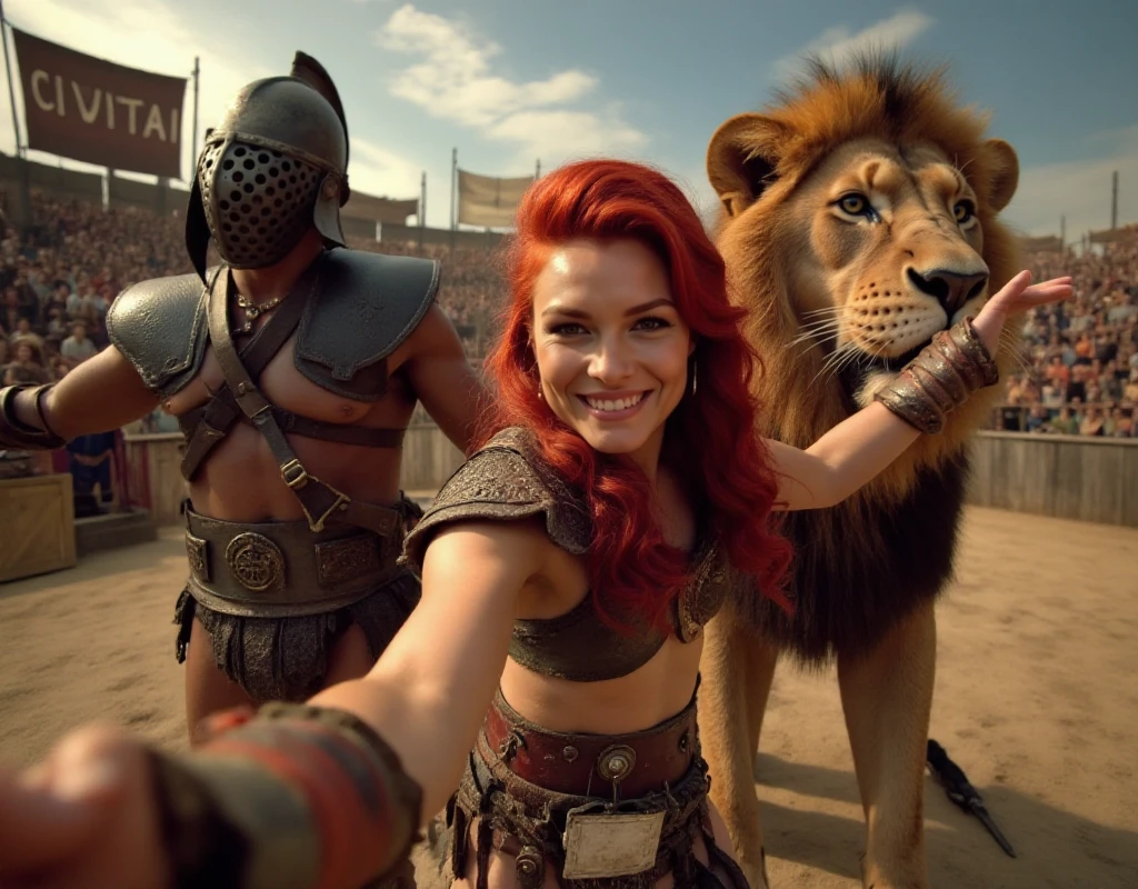 <lora:Gladiator_style:0.8> gladiator style, gopro hero selfie of a smiling muscular redhead woman wearing an armor posing with a lion and a man with an helmet in an  arena. A sign says "CIVITAI"